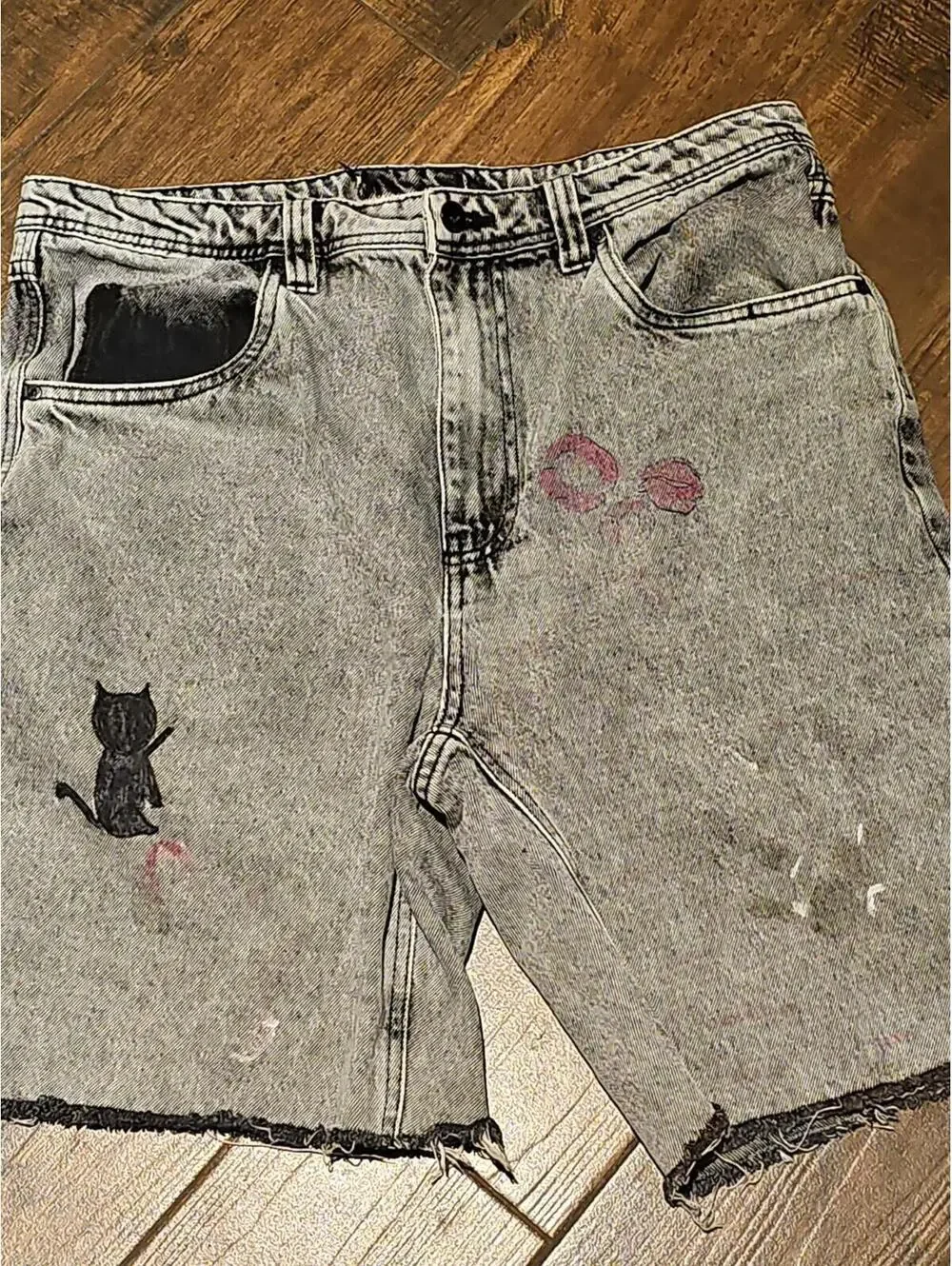 Empyre Men’s Shorts 36 Black Denim Custom Hand Painted Skater Jeans Y2K Thrashed
